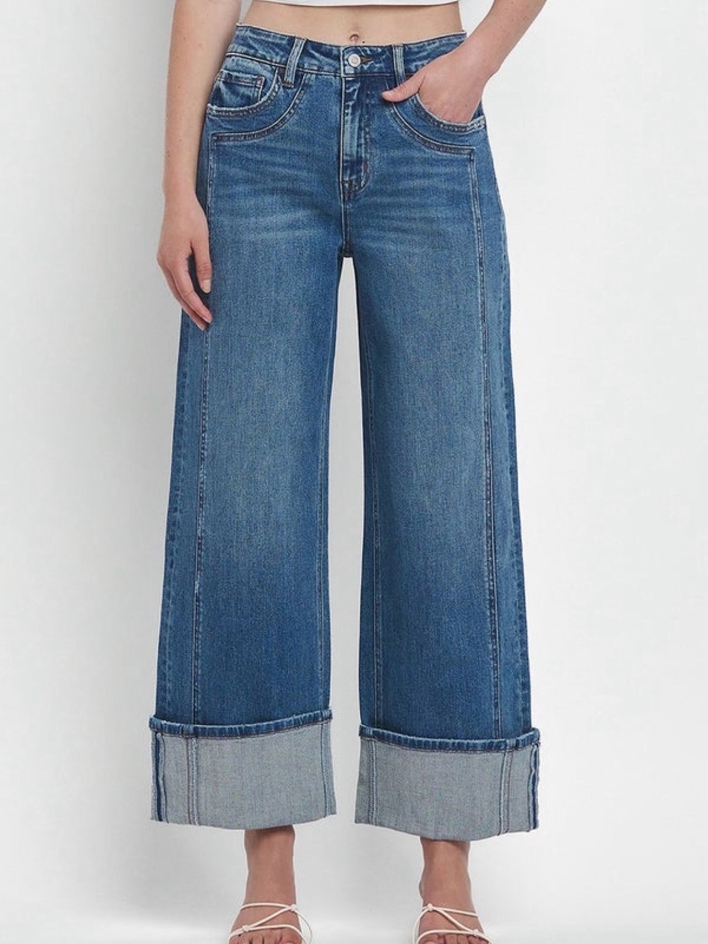 Flying Monkey Wide-Leg High Rise Jeans in Medium Blue